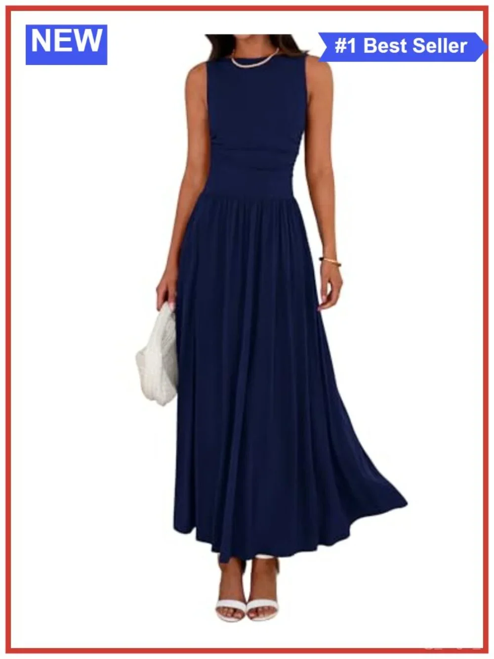 Sleeveless Casual Maxi Dress with Pockets, High Waist A-Line (Knit, Stretchy)